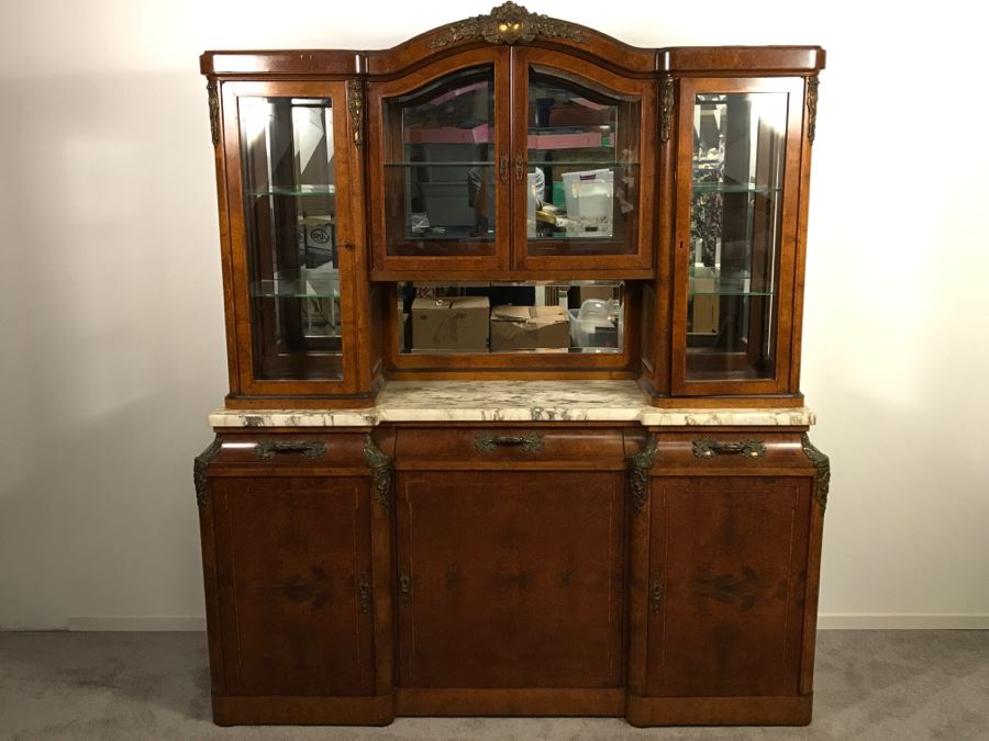 Stunning Antique Cabinet With Marble Top And Hutch - Detailed Wood Inlay And Metal Accents With Skeleton Keys [Photo 5]