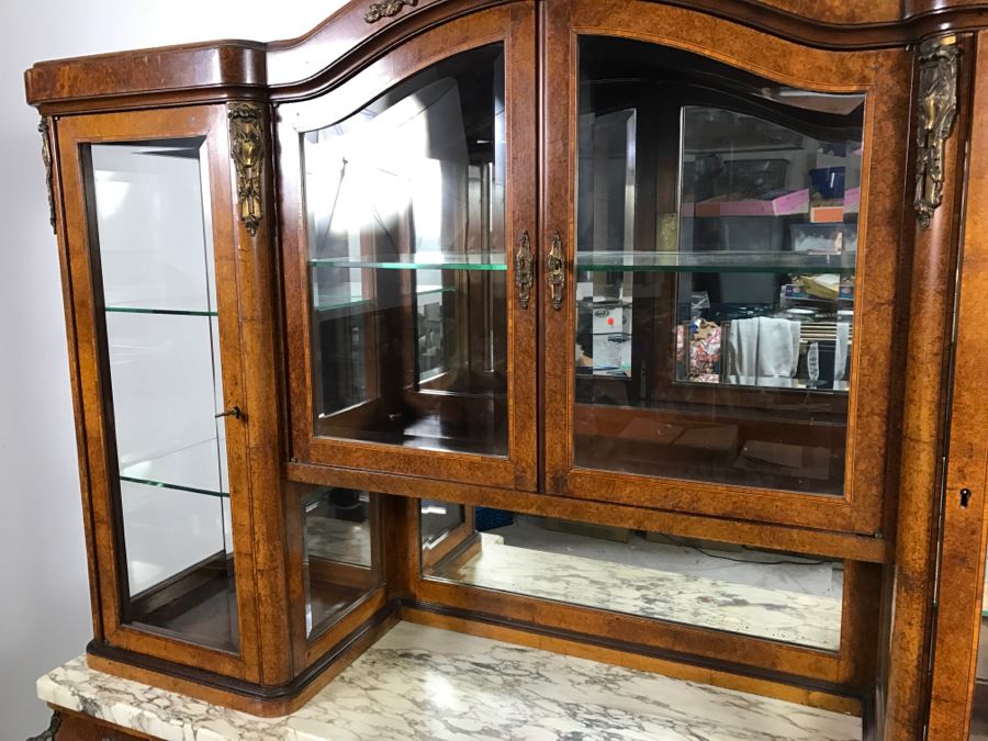 Stunning Antique Cabinet With Marble Top And Hutch - Detailed Wood Inlay And Metal Accents With Skeleton Keys [Photo 16]