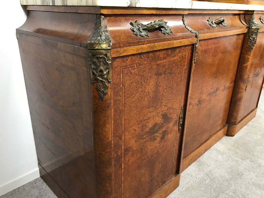 Stunning Antique Cabinet With Marble Top And Hutch - Detailed Wood Inlay And Metal Accents With Skeleton Keys [Photo 27]