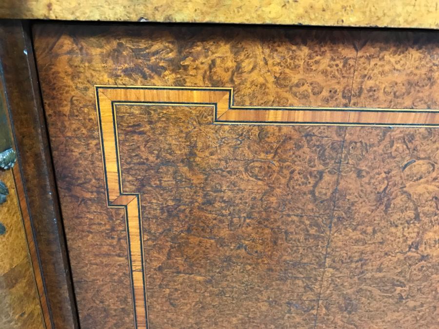 Stunning Antique Cabinet With Marble Top And Hutch - Detailed Wood Inlay And Metal Accents With Skeleton Keys [Photo 17]