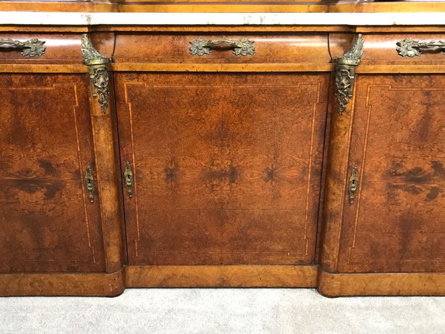 Stunning Antique Cabinet With Marble Top And Hutch - Detailed Wood Inlay And Metal Accents With Skeleton Keys [Photo 3]