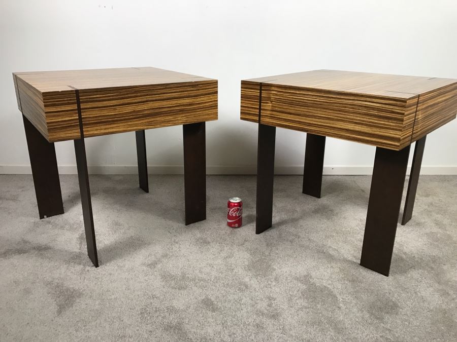 Pair Of Modernist Antoine Proulx Wood And Metal End Tables Held By Freedom High End