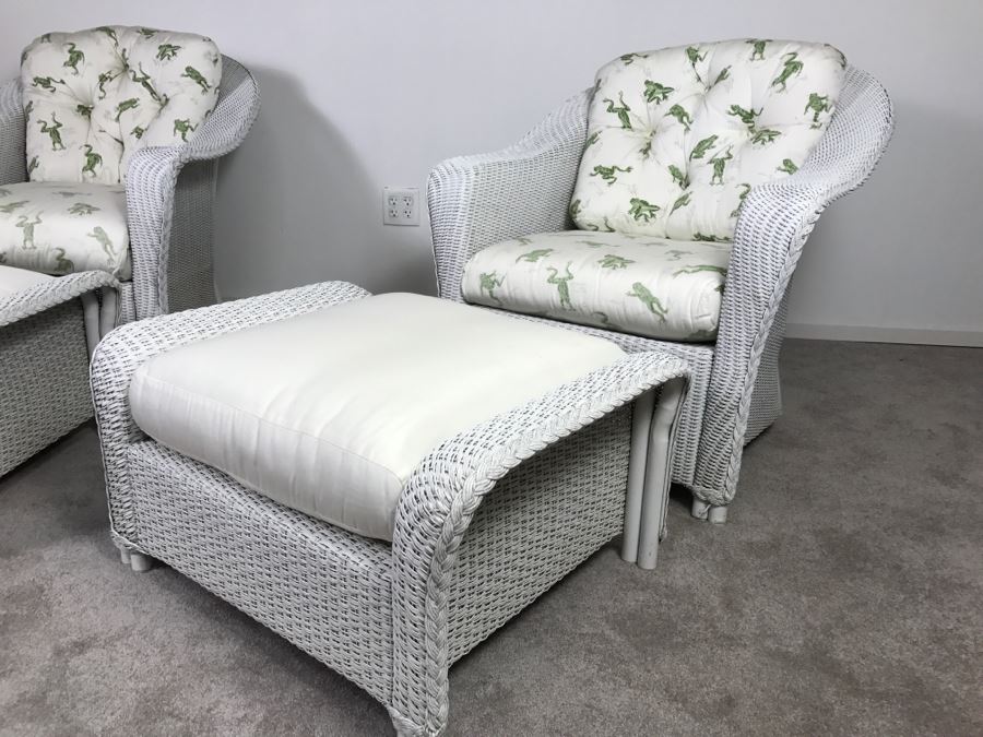 Pair Of Lloyd Flanders Loom Wicker Outdoor Chairs With Ottomans And Frog Cushions White High End [Photo 14]