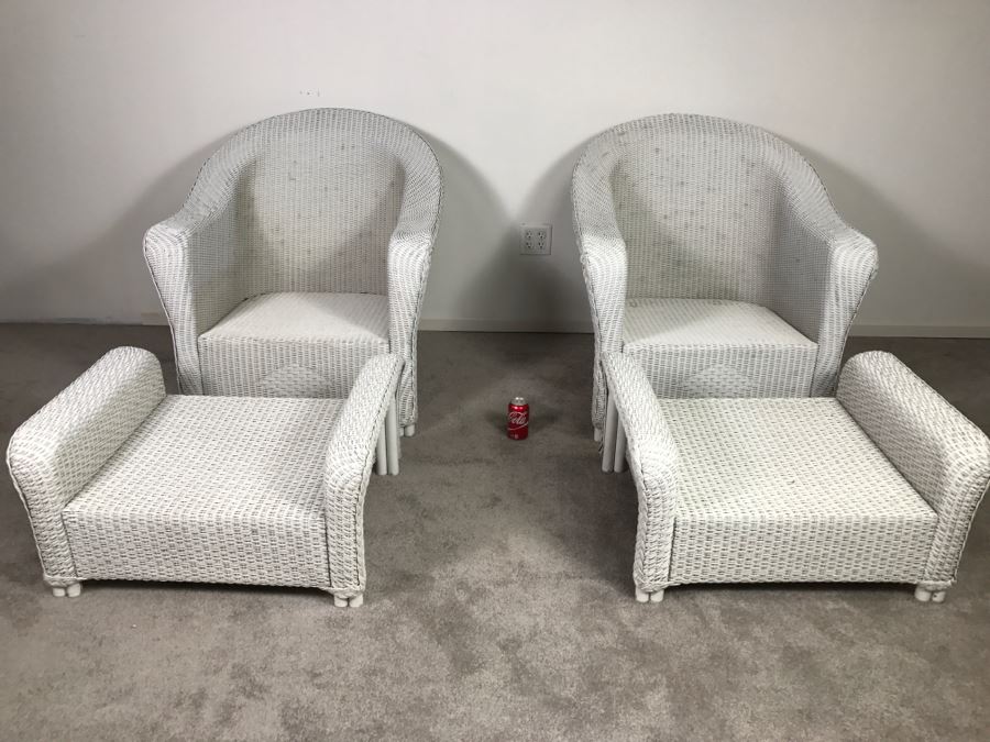 Pair Of Lloyd Flanders Loom Wicker Outdoor Chairs With Ottomans And Frog Cushions White High End [Photo 4]