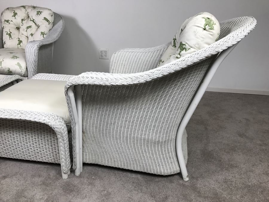 Pair Of Lloyd Flanders Loom Wicker Outdoor Chairs With Ottomans And Frog Cushions White High End [Photo 15]