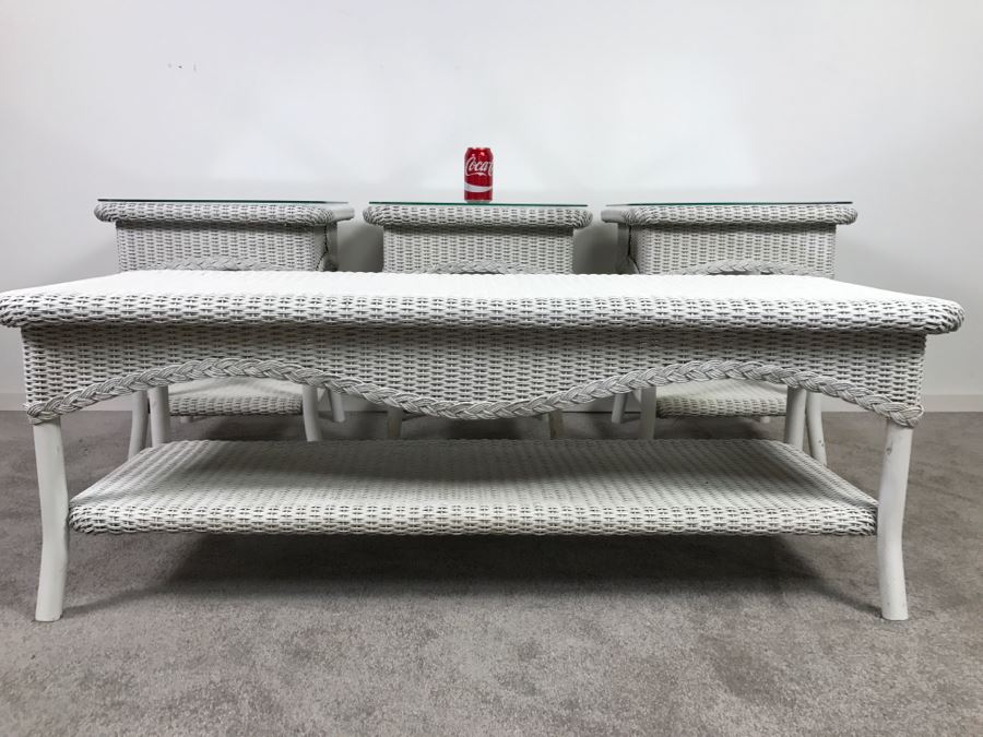 Lloyd Flanders Wicker Outdoor Coffee Table And (3) Lloyd Flanders Tables With Glass Tops [Photo 3]
