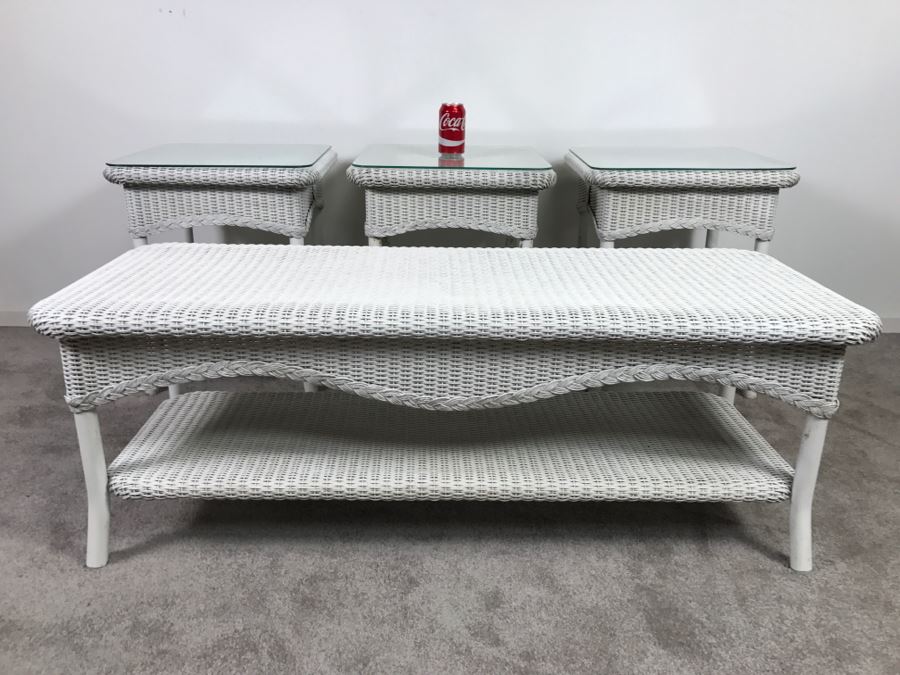 Lloyd Flanders Wicker Outdoor Coffee Table And (3) Lloyd Flanders Tables With Glass Tops [Photo 2]