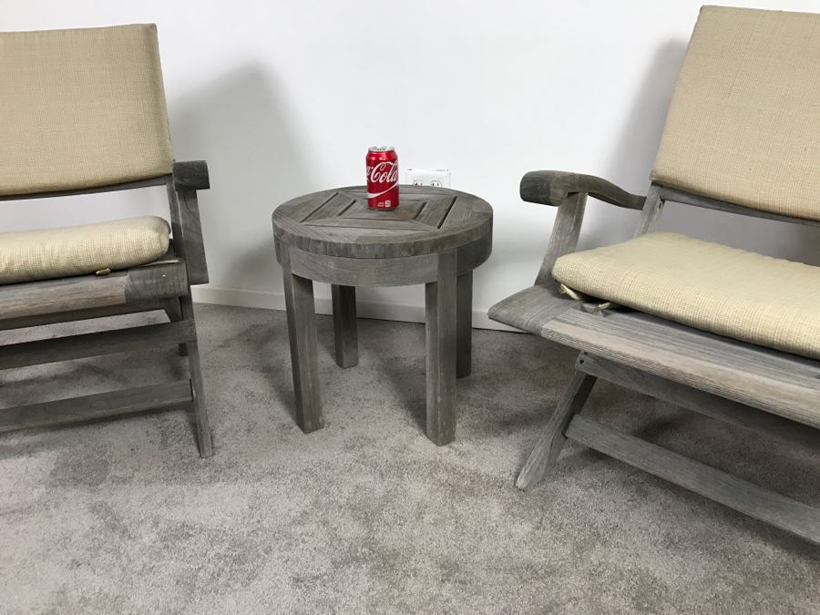 SUMMIT Furniture Pair Of Teak Outdoor Folding Armchairs With Cushions And Round Side Table [Photo 4]