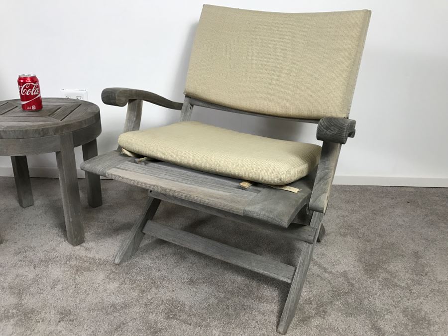 SUMMIT Furniture Pair Of Teak Outdoor Folding Armchairs With Cushions And Round Side Table [Photo 3]