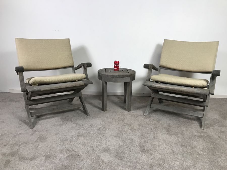 SUMMIT Furniture Pair Of Teak Outdoor Folding Armchairs With Cushions And Round Side Table [Photo 2]
