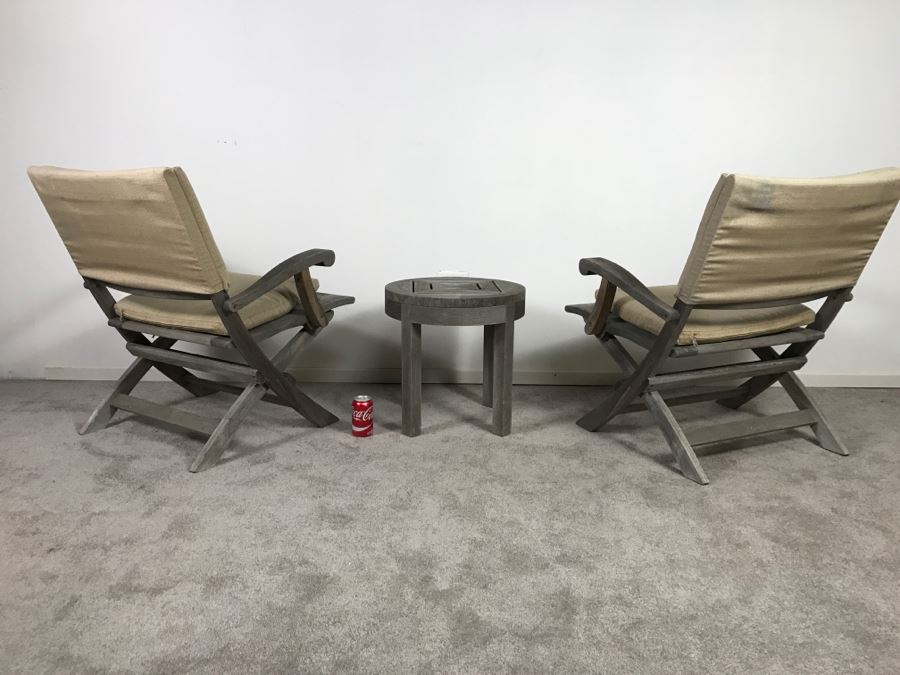SUMMIT Furniture Pair Of Teak Outdoor Folding Armchairs With Cushions And Round Side Table [Photo 11]