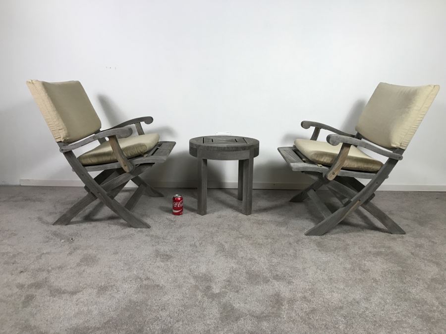 SUMMIT Furniture Pair Of Teak Outdoor Folding Armchairs With Cushions And Round Side Table [Photo 9]