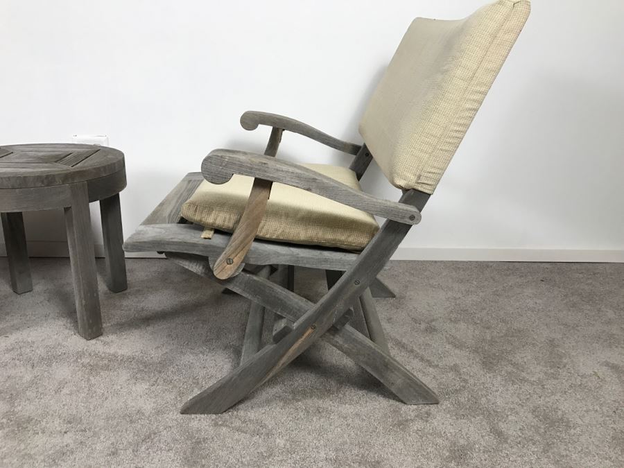 SUMMIT Furniture Pair Of Teak Outdoor Folding Armchairs With Cushions And Round Side Table [Photo 10]