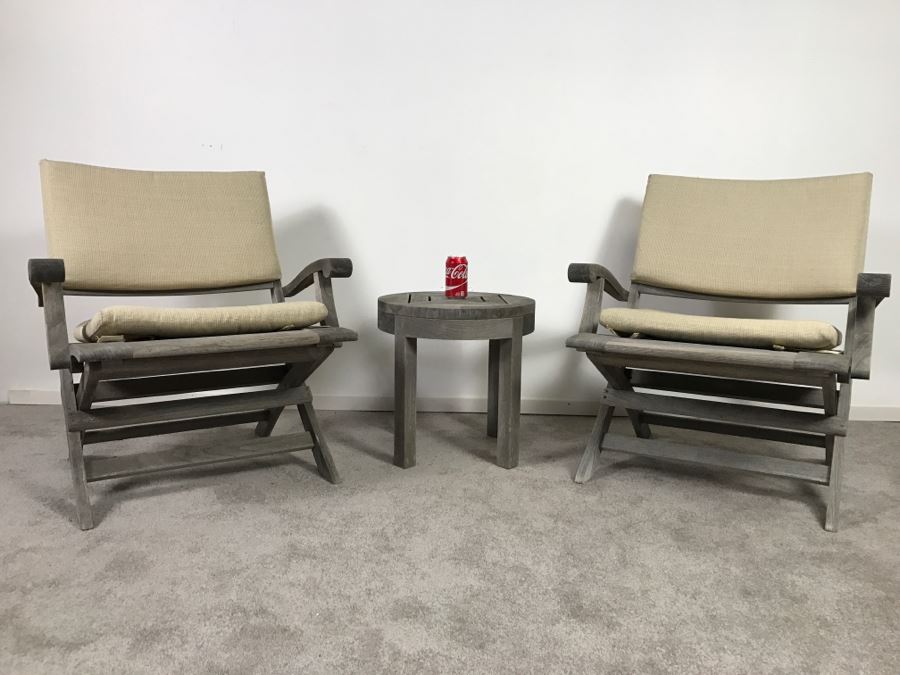 SUMMIT Furniture Pair Of Teak Outdoor Folding Armchairs With Cushions And Round Side Table [Photo 1]