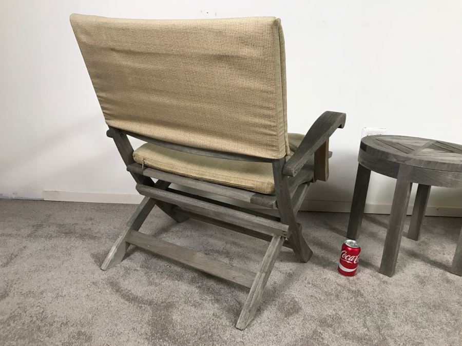 SUMMIT Furniture Pair Of Teak Outdoor Folding Armchairs With Cushions And Round Side Table [Photo 12]