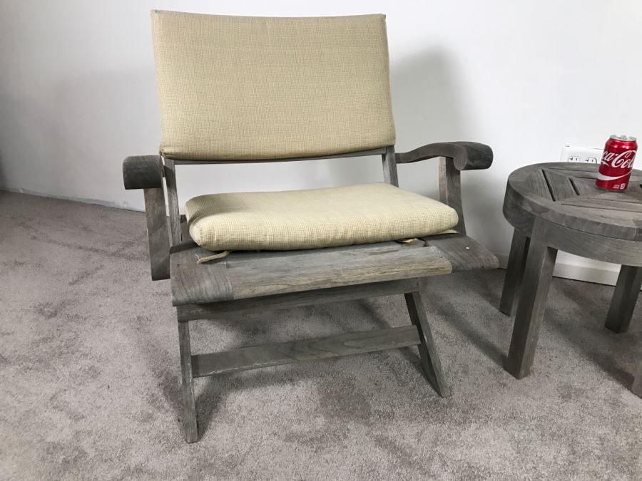 SUMMIT Furniture Pair Of Teak Outdoor Folding Armchairs With Cushions And Round Side Table [Photo 5]