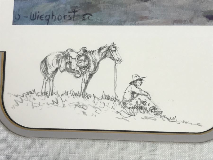 Olaf Wieghorst 'Range Ponies' A.P. Hand Signed Lower Right With Rare Hand Sketch Illustration In Lower Left Of Cowboy With Horse Nicely Matted And Framed [Photo 2]