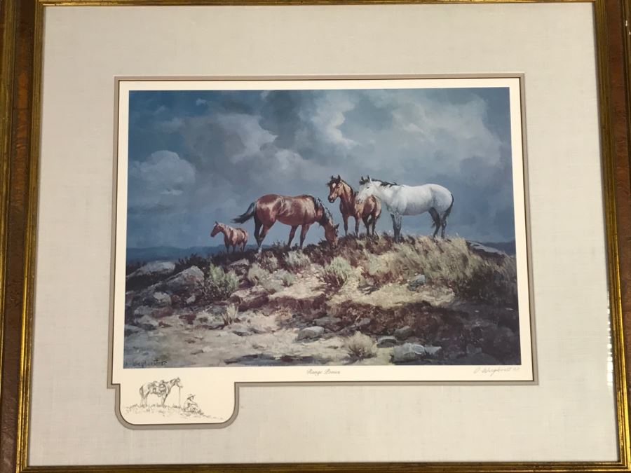 Olaf Wieghorst 'Range Ponies' A.P. Hand Signed Lower Right With Rare Hand Sketch Illustration In Lower Left Of Cowboy With Horse Nicely Matted And Framed [Photo 4]