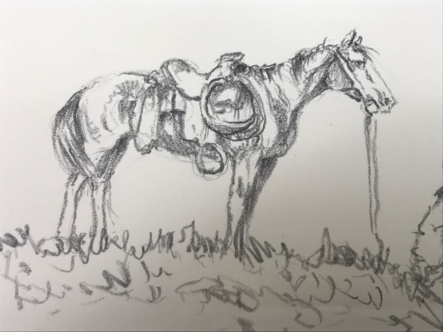 Olaf Wieghorst 'Range Ponies' A.P. Hand Signed Lower Right With Rare Hand Sketch Illustration In Lower Left Of Cowboy With Horse Nicely Matted And Framed [Photo 15]