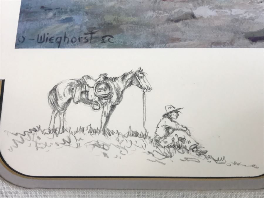 Olaf Wieghorst 'Range Ponies' A.P. Hand Signed Lower Right With Rare Hand Sketch Illustration In Lower Left Of Cowboy With Horse Nicely Matted And Framed [Photo 14]