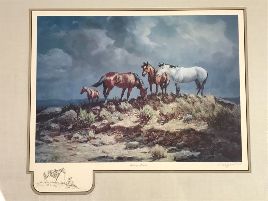 Olaf Wieghorst 'Range Ponies' A.P. Hand Signed Lower Right With Rare Hand Sketch Illustration In Lower Left Of Cowboy With Horse Nicely Matted And Framed [Photo 6]