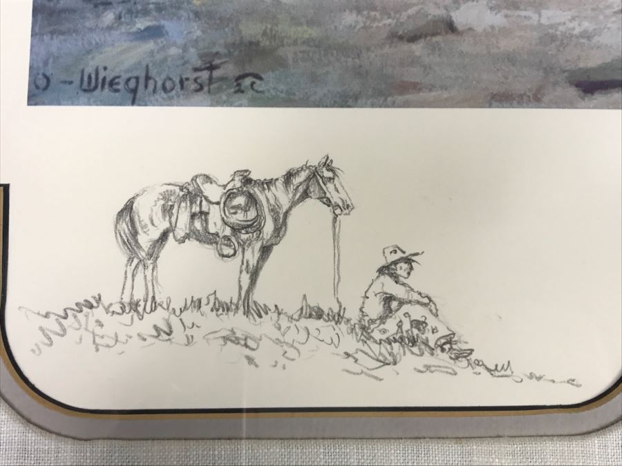 Olaf Wieghorst 'Range Ponies' A.P. Hand Signed Lower Right With Rare Hand Sketch Illustration In Lower Left Of Cowboy With Horse Nicely Matted And Framed [Photo 12]