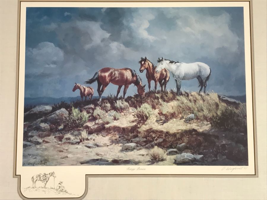 Olaf Wieghorst 'Range Ponies' A.P. Hand Signed Lower Right With Rare Hand Sketch Illustration In Lower Left Of Cowboy With Horse Nicely Matted And Framed