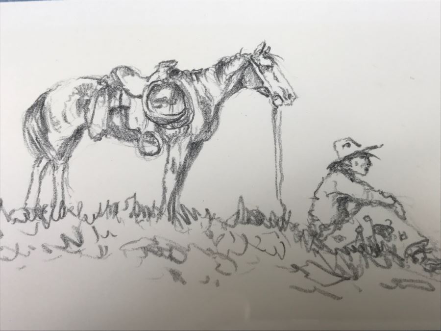 Olaf Wieghorst 'Range Ponies' A.P. Hand Signed Lower Right With Rare Hand Sketch Illustration In Lower Left Of Cowboy With Horse Nicely Matted And Framed [Photo 13]
