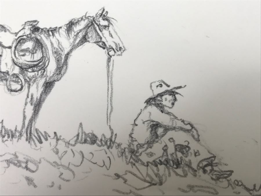 Olaf Wieghorst 'Range Ponies' A.P. Hand Signed Lower Right With Rare Hand Sketch Illustration In Lower Left Of Cowboy With Horse Nicely Matted And Framed [Photo 16]