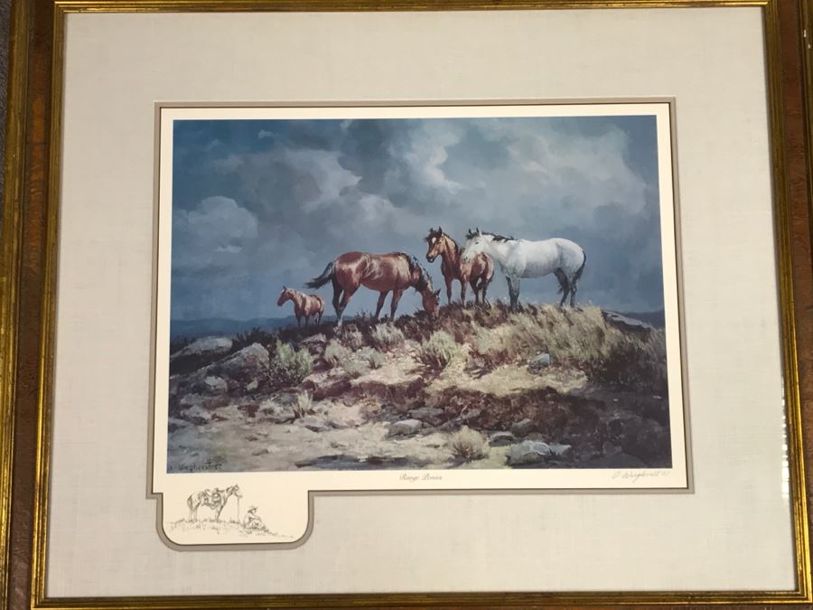 Olaf Wieghorst 'Range Ponies' A.P. Hand Signed Lower Right With Rare Hand Sketch Illustration In Lower Left Of Cowboy With Horse Nicely Matted And Framed [Photo 5]