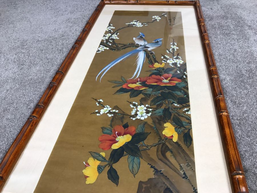 Vivid Original Chinese Bird Painting In Nice Bamboo Motif Frame Purchased At Mings Tomb In China Oct 1979 [Photo 14]