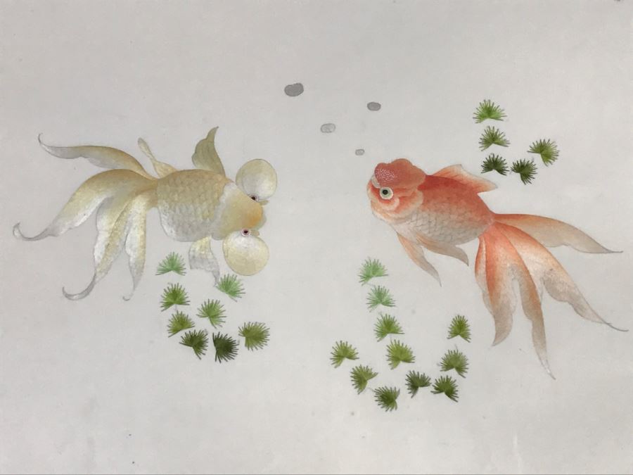 Very Fine Vintage Hand Stitched Silk Embroidery Of Koi Fish Signed And Framed [Photo 8]