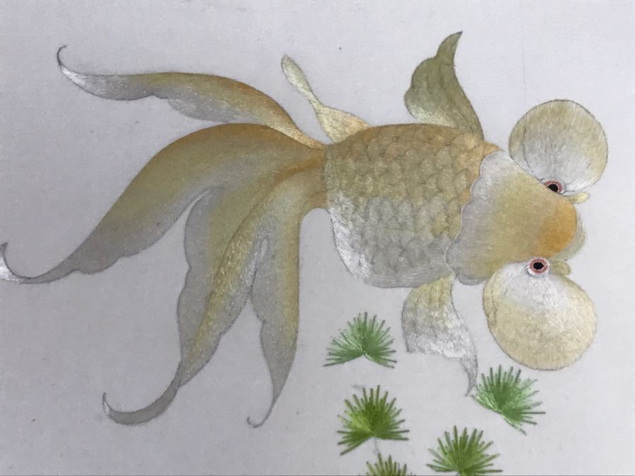 Very Fine Vintage Hand Stitched Silk Embroidery Of Koi Fish Signed And Framed [Photo 9]