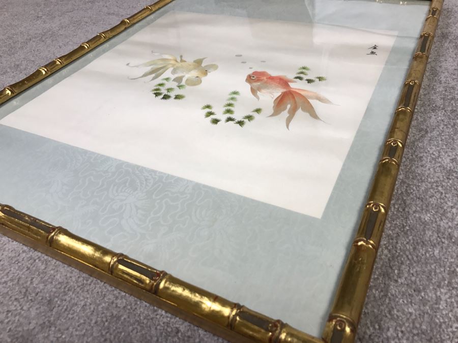 Very Fine Vintage Hand Stitched Silk Embroidery Of Koi Fish Signed And Framed [Photo 24]