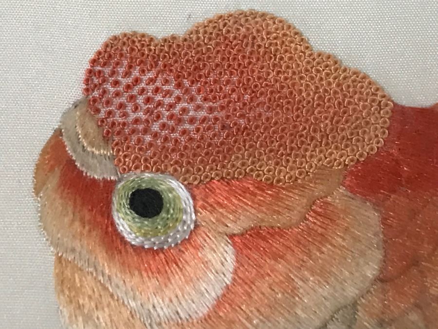 Very Fine Vintage Hand Stitched Silk Embroidery Of Koi Fish Signed And Framed [Photo 15]