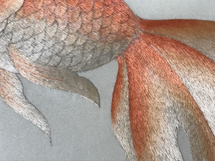 Very Fine Vintage Hand Stitched Silk Embroidery Of Koi Fish Signed And Framed [Photo 13]