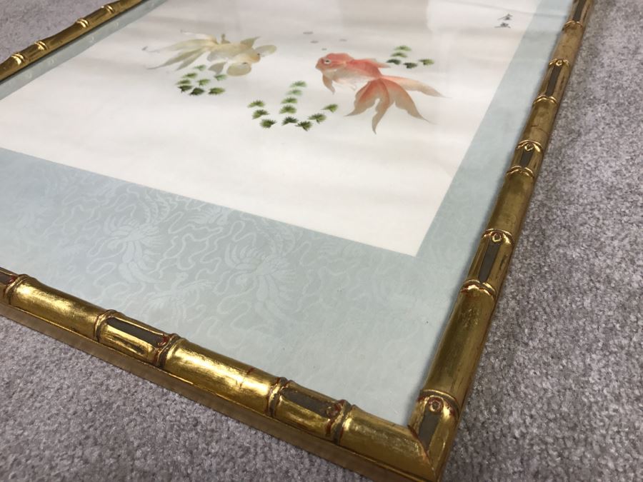 Very Fine Vintage Hand Stitched Silk Embroidery Of Koi Fish Signed And Framed [Photo 23]