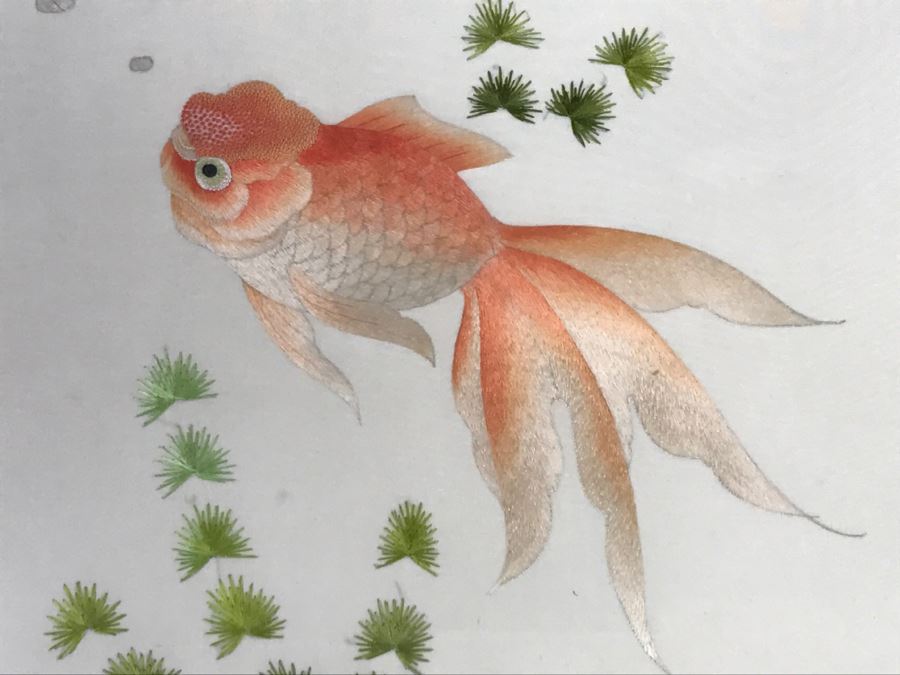 Very Fine Vintage Hand Stitched Silk Embroidery Of Koi Fish Signed And Framed [Photo 4]