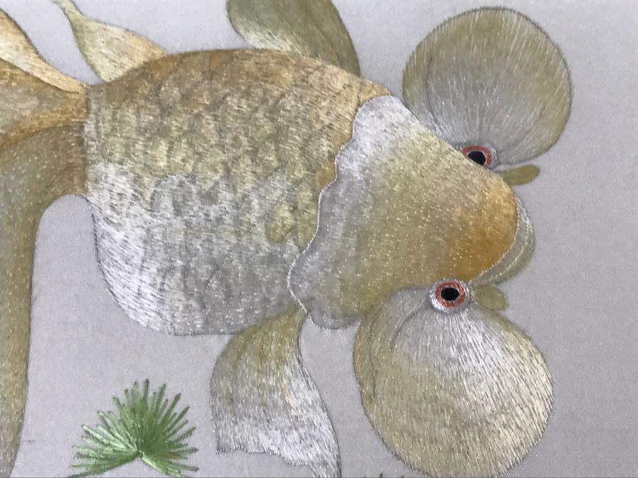 Very Fine Vintage Hand Stitched Silk Embroidery Of Koi Fish Signed And Framed [Photo 3]