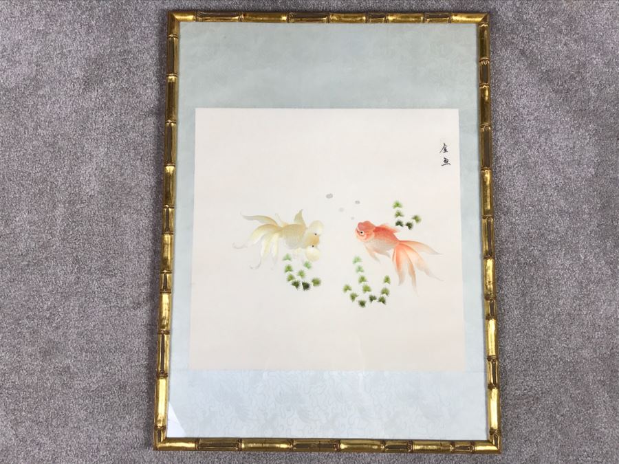 Very Fine Vintage Hand Stitched Silk Embroidery Of Koi Fish Signed And Framed [Photo 7]