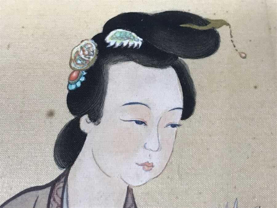 Old Chinese Silk Painting In Nice Silver Bamboo Motif Frame [Photo 9]