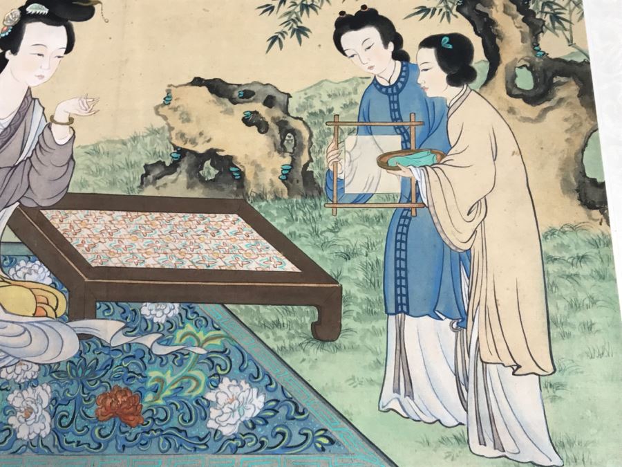 Old Chinese Silk Painting In Nice Silver Bamboo Motif Frame [Photo 11]