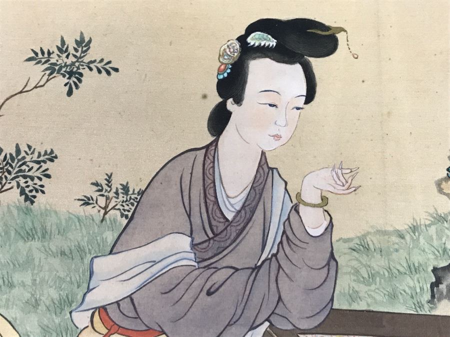 Old Chinese Silk Painting In Nice Silver Bamboo Motif Frame [Photo 7]