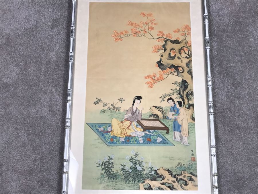 Old Chinese Silk Painting In Nice Silver Bamboo Motif Frame [Photo 4]