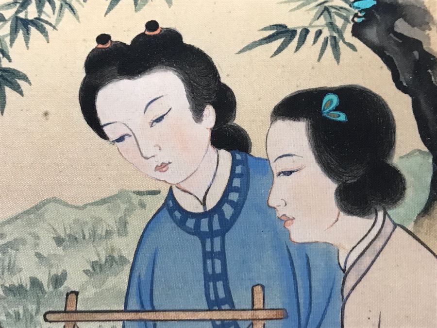 Old Chinese Silk Painting In Nice Silver Bamboo Motif Frame [Photo 13]