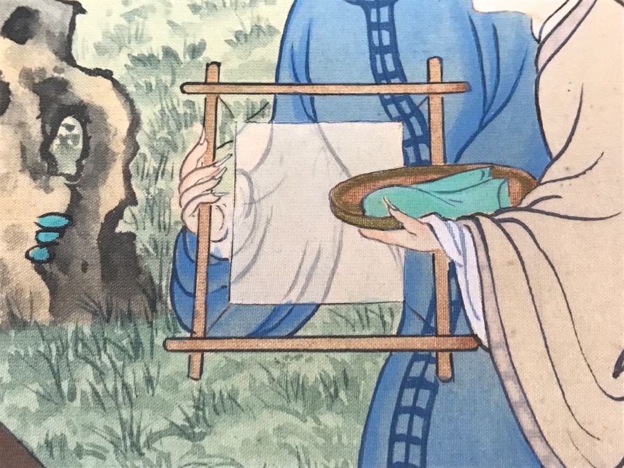 Old Chinese Silk Painting In Nice Silver Bamboo Motif Frame [Photo 14]