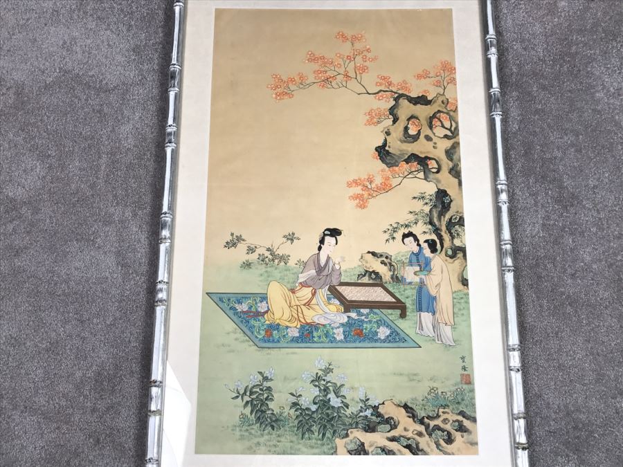 Old Chinese Silk Painting In Nice Silver Bamboo Motif Frame [Photo 5]