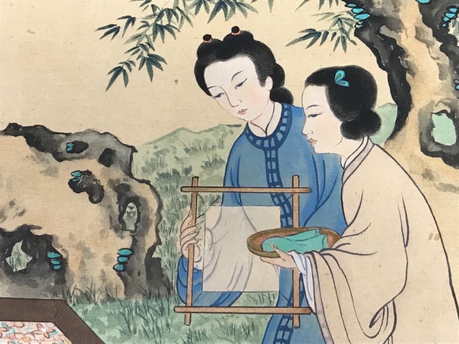 Old Chinese Silk Painting In Nice Silver Bamboo Motif Frame [Photo 12]