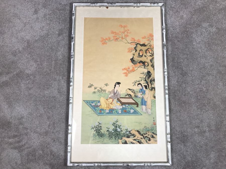 Old Chinese Silk Painting In Nice Silver Bamboo Motif Frame