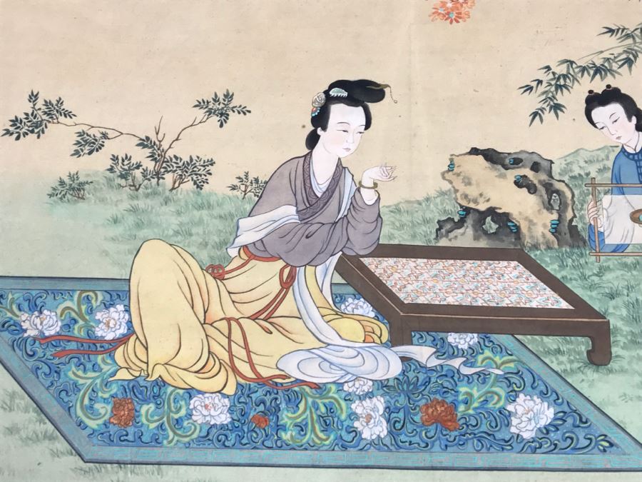 Old Chinese Silk Painting In Nice Silver Bamboo Motif Frame [Photo 6]